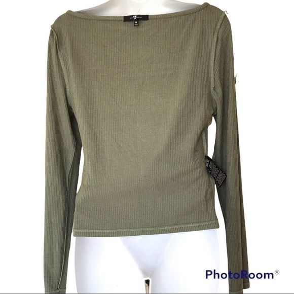 7 ForAll Mankind Light Olive Cutout Front Ribbed Knit Long Sleeves Top Sz M NEW - Picture 5 of 10